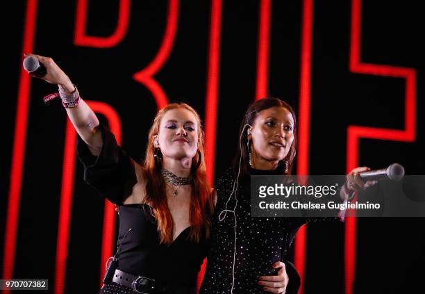 Aino Jawo and Caroline Hjelt of Icona Pop perform at the LA Pride Music Festival on June 9, 2018 in West Hollywood, California.