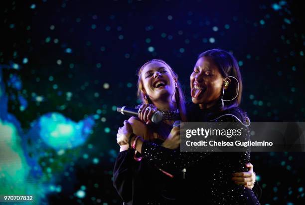 Caroline Hjelt and Aino Jawo of Icona Pop perform at the LA Pride Music Festival on June 9, 2018 in West Hollywood, California.