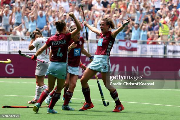 Janne Mueller-Wieland of UHC Hamburg celebrates the first goal during the ladies final match between Club an der Alster Hamburg and UHC Hamburg at...