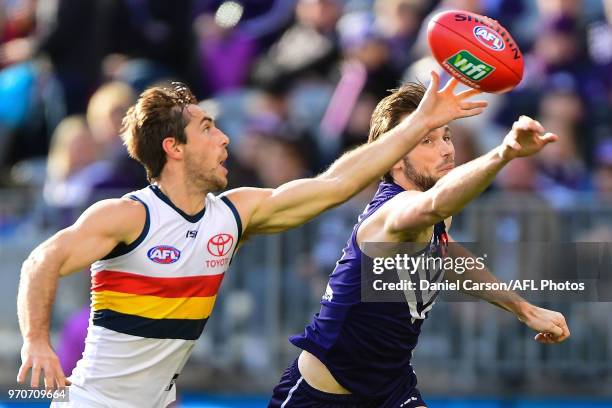 Joel Hamling of the Dockers spoils in the contest during the 2018 AFL round 12 match between the Fremantle Dockers and the Adelaide Crows at Optus...