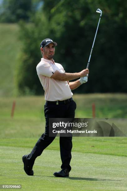 Oliver Farr of Wales plays his second shot on the 15th hole during day four of The 2018 Shot Clock Masters at Diamond Country Club on June 10, 2018...