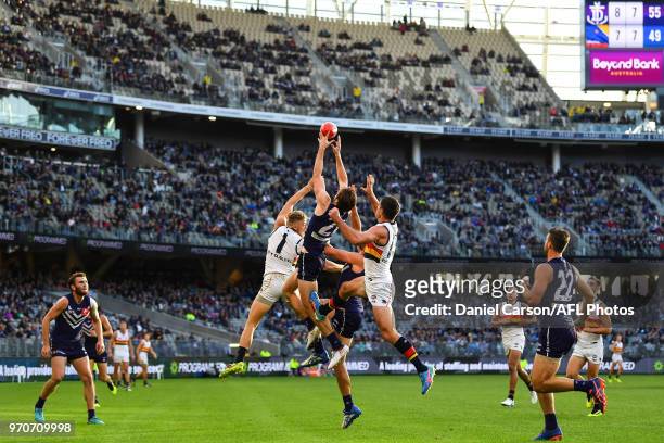 Joel Hamling of the Dockers flies for a mark during the 2018 AFL round 12 match between the Fremantle Dockers and the Adelaide Crows at Optus Stadium...