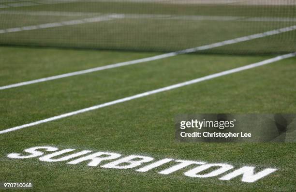 Surbiton is written on the grass court during Finas Day on Day 09 of the Fuzion 100 Surbition Trophy on June 10, 2018 in London, United Kingdom.