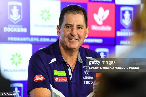 Ross Lyon, coach of the Dockers takes questions at the post match press conference during the 2018 AFL round 12 match between the Fremantle Dockers...