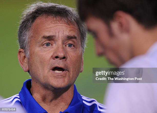 Fairfax, VA. Boys soccer: Robinson defeats Westfield 2-1 in 2OT. Here, Robinson Coach Jac Cicala talks to his player before playing Westfield.