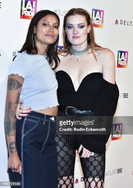 Duo Icona Pop with Aino Jawo and Caroline Hjelt arrive at LA Pride Music Festival and Parade 2018 on June 9, 2018 in West Hollywood, California.