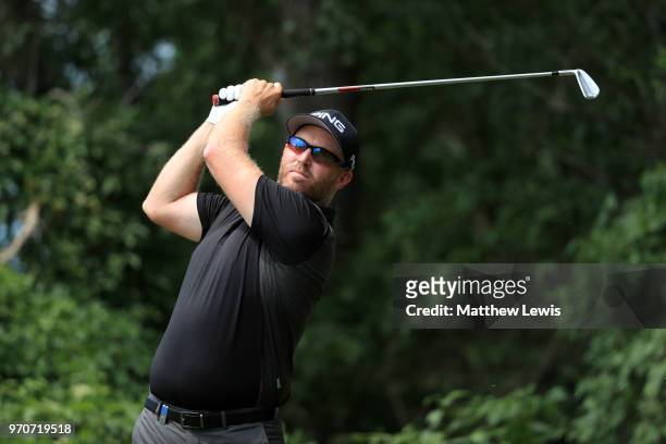 Adam Bland of Australia tees off on the 5th hole during day four of The 2018 Shot Clock Masters at Diamond Country Club on June 10, 2018 in...