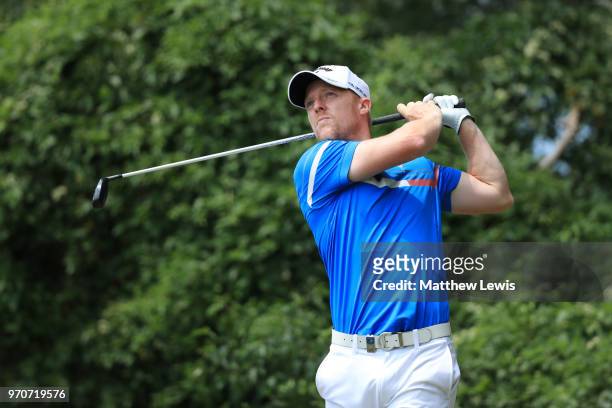 David Horsey of England tees off on the 5th hole during day four of The 2018 Shot Clock Masters at Diamond Country Club on June 10, 2018 in...