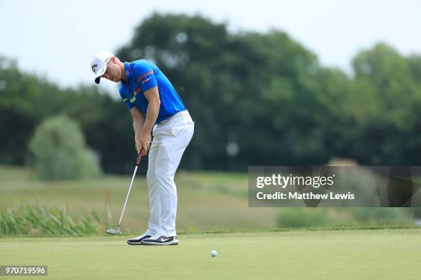 David Horsey of England makes a putt on fourth green during day four of The 2018 Shot Clock Masters at Diamond Country Club on June 10, 2018 in...