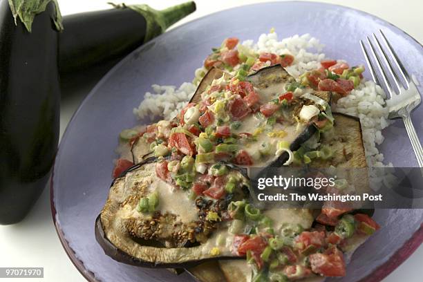 Washington Post Studio DATE: April 30, 2008 PHOTO: Julia Ewan/TWP Dinner in Minutes - Grilled Eggplant in Lemon-Coconut Cream.