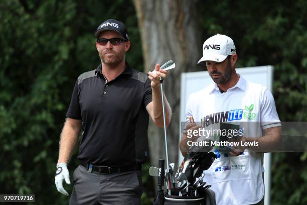 Adam Bland of Australia looks on with his caddy during day four of The 2018 Shot Clock Masters at Diamond Country Club on June 10, 2018 in...
