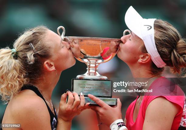 Katerina Siniakova and Barbora Krejcikova of Czech Republic pose with the trophy after winning their Women's Doubles Final match against Eri Hozumi...