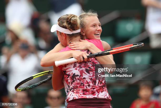 Katerina Siniakova and Barbora Krejcikova of Czech Republic celebrate after winning their Women's Doubles Final match against Eri Hozumi and Makoto...