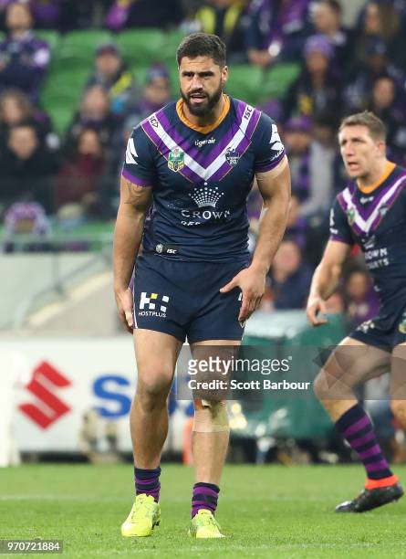 Jesse Bromwich of the Melbourne Storm leaves the field injured during the round 14 NRL match between the Melbourne Storm and the Brisbane Broncos at...