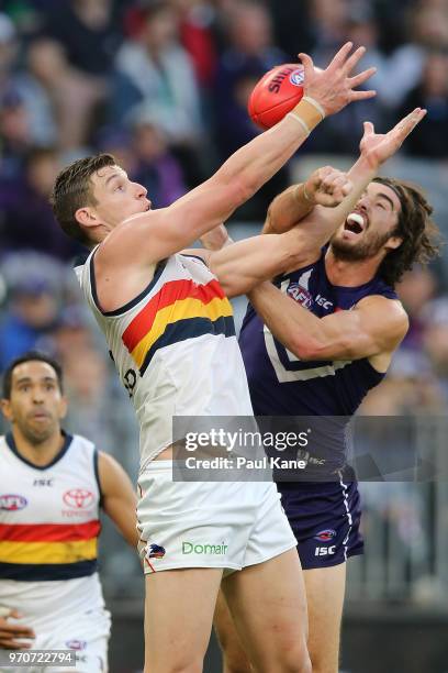 Josh Jenkins of the Crows has his mark spolied by Alex Pearce of the Dockers during the round 12 AFL match between the Fremantle Dockers and the...