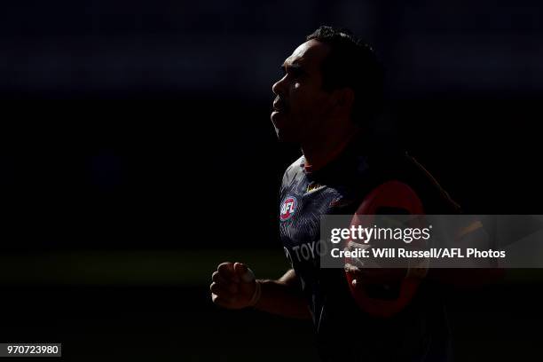 Eddie Betts of the Crows warms up before during the round 12 AFL match between the Fremantle Dockers and the Adelaide Crows at Optus Stadium on June...