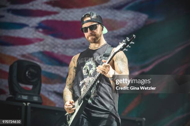 Welsh singer Matthew 'Matt' Tuck of Bullet For My Valentine performs live on stage during Day 3 of the Greenfield Festival on June 9, 2018 in...