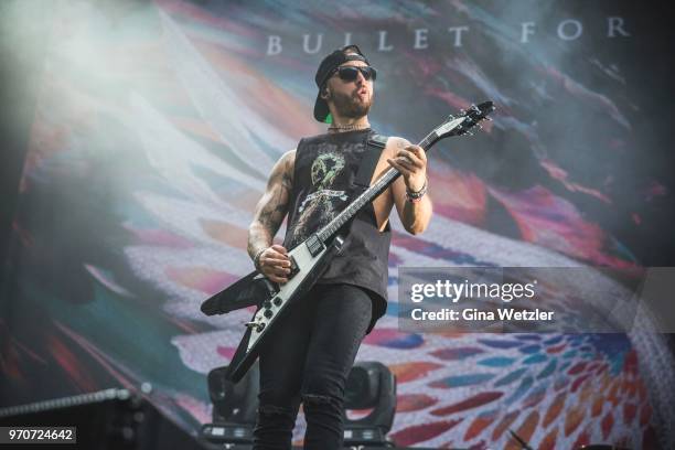 Welsh singer Matthew 'Matt' Tuck of Bullet For My Valentine performs live on stage during Day 3 of the Greenfield Festival on June 9, 2018 in...