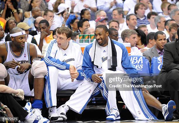 Washington, DC. Wizards vs. Cleveland : Game 3 playoffs. Here, Gilbert Arenas is all smiles as he sits on the bench with a sore left knee, but the...