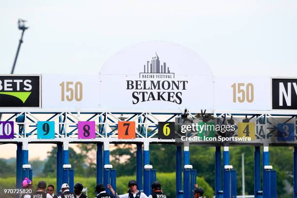 General view of the starting gate prior to the running of the 150th Belmont Stakes on June 9 at Belmont Park in Hempstead, NY.