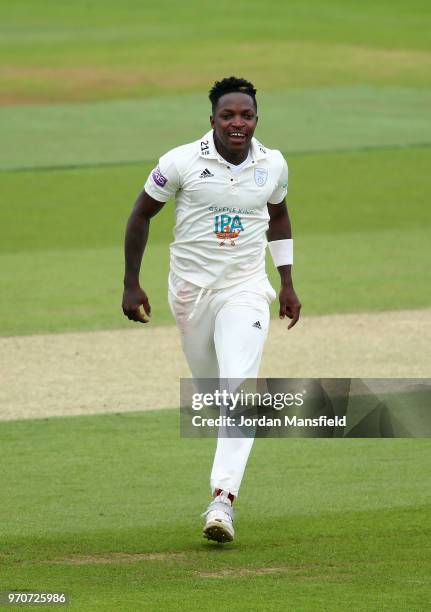 Fidel Edwards of Hampshire celebrates dismissing Ben Foakes of Surrey during the Specsavers County Championship Division One match between Hampshire...