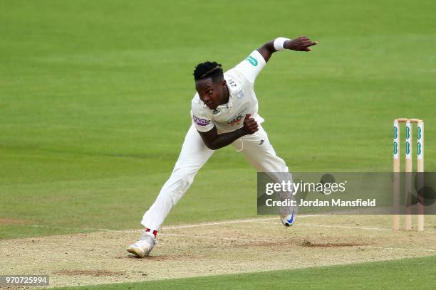 Fidel Edwards of Hampshire bowls during the Specsavers County Championship Division One match between Hampshire and Surrey at Ageas Bowl on June 10,...