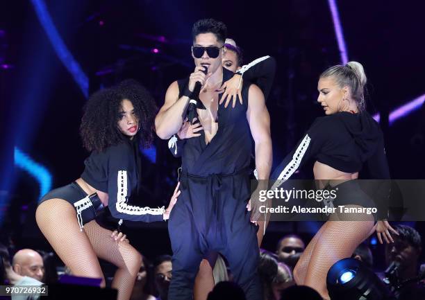 Chyno Miranda is seen performing during the Mix Live! presented by Uforia concert at the AmericanAirlines Arena on June 9, 2018 in Miami, Florida.