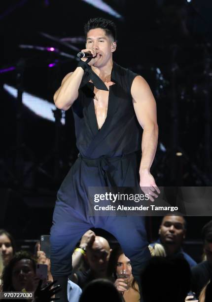 Chyno Miranda is seen performing during the Mix Live! presented by Uforia concert at the AmericanAirlines Arena on June 9, 2018 in Miami, Florida.