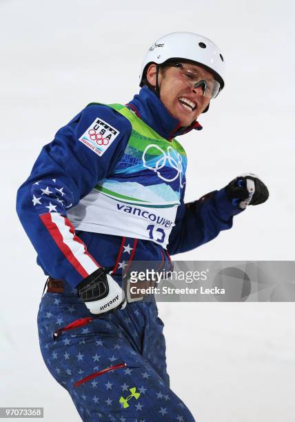 Jeret Peterson of the United States celebrates on his way to winning the silver medal during the freestyle skiing men's aerials final on day 14 of...