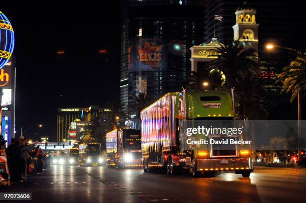 Car haulers parade down the Las Vegas Strip Thursday, February 25, 2010 in Las Vegas, Nevada. Racers will compete in the 2010 Shelby American, the...