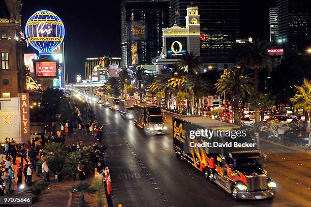 Car haulers parade down the Las Vegas Strip Thursday, February 25, 2010 in Las Vegas, Nevada. Racers will compete in the 2010 Shelby American, the...