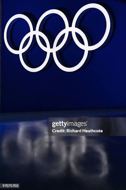 The Olympic rings are seen during the medal ceremony on day 14 of the Vancouver 2010 Winter Olympics at Whistler Medals Plaza on February 25, 2010 in...