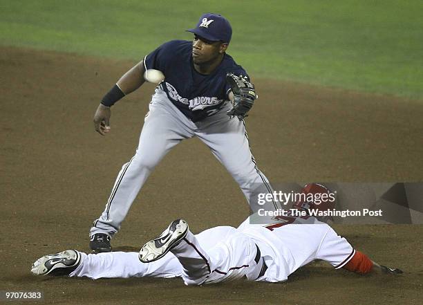 July 7, 2007 NEG#: 192242 CREDIT: Preston Keres/TWP EDITTED: Washington, D.C. Nats vs. Brewers. Here, pitch running in the 7th inning, Nook Logan...