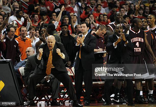 College Park, MD. Maryland vs Virginia Tech : Men's Hoops. Here, Hokies' Head Coach Seth Greenberg celebrates after a big play late in the second...