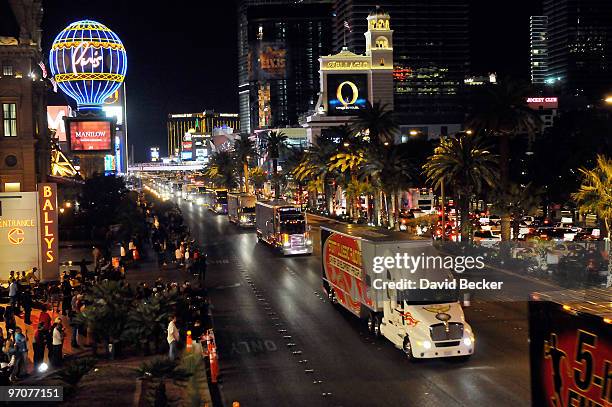 Car haulers parade down the Las Vegas Strip Thursday, February 25, 2010 in Las Vegas, Nevada. Racers will compete in the 2010 Shelby American, the...