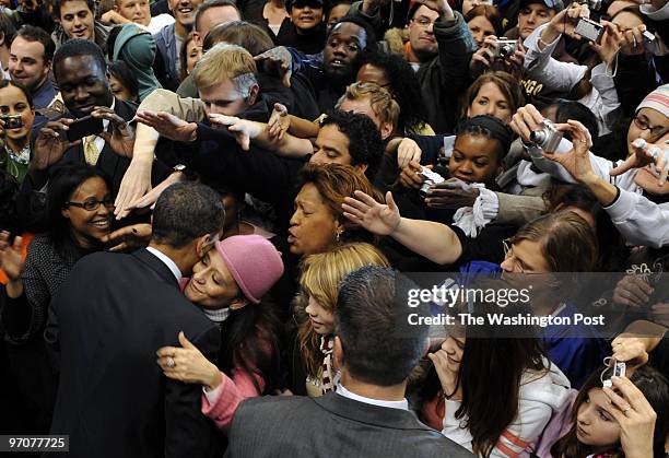 Newark, N.J. Sen. Barack Obama holds a rally at the Izod Center in Meadowlands, N.J., on the eve of Super Tuesday. Here,