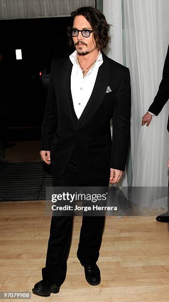 Johnny Depp arrives for the Royal world premiere 'Alice In Wonderland' after party at The Sanderson Hotel on February 25, 2010 in London, England.