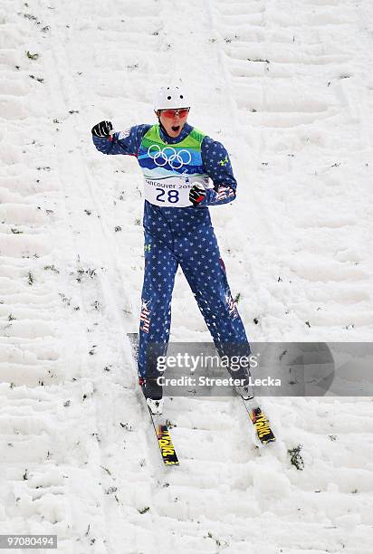 Ryan St. Onge of the United States celebrates during the freestyle skiing men's aerials final on day 14 of the Vancouver 2010 Winter Olympics at...