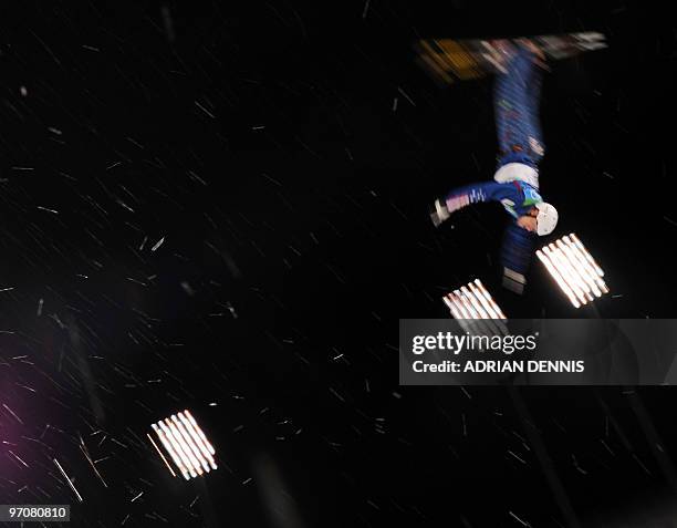 Jeret Peterson of the US jumps in the men's Freestyle Skiing aerials final at Cypress Mountain, north of Vancouver on February 25, 2010 during the...