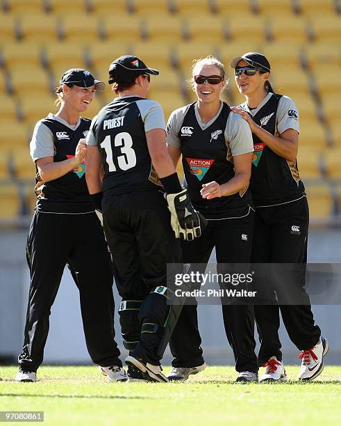 Aimee Watkins of New Zealand celebrates her LBW dismissal of Alyssa Healy of Australia during the first women's Twenty20 international match between...