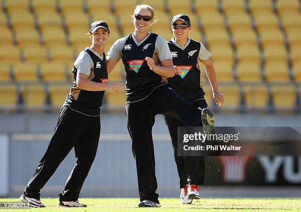 Aimee Watkins of New Zealand celebrates her LBW dismissal of Alyssa Healy of Australia during the first women's Twenty20 international match between...
