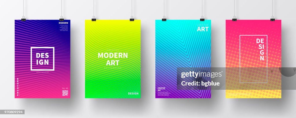 Posters with colorful geometric design, isolated on white background