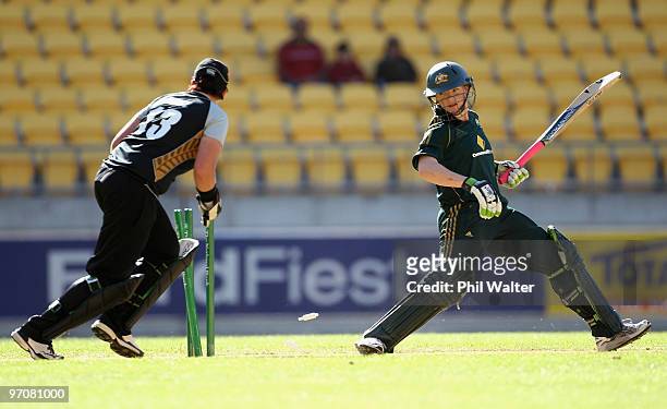 Jess Cameron of Australia is stumped by Rachel Priest of New Zealand during the first women's Twenty20 international match between the New Zealand...