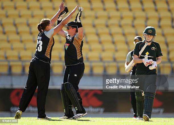 Alex Blackwell of Australia walks off after being bowled by Suzie Bates of New Zealand during the first women's Twenty20 international match between...