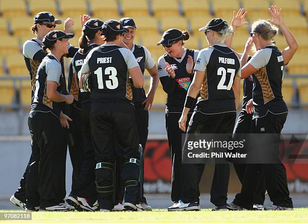 New Zealand celebrate following the first women's Twenty20 international match between the New Zealand White Ferns and the Australian Southern Stars...