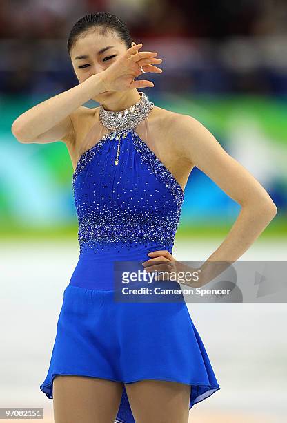 Kim Yu-Na of South Korea reacts after the Ladies Free Skating on day 14 of the 2010 Vancouver Winter Olympics at Pacific Coliseum on February 25,...