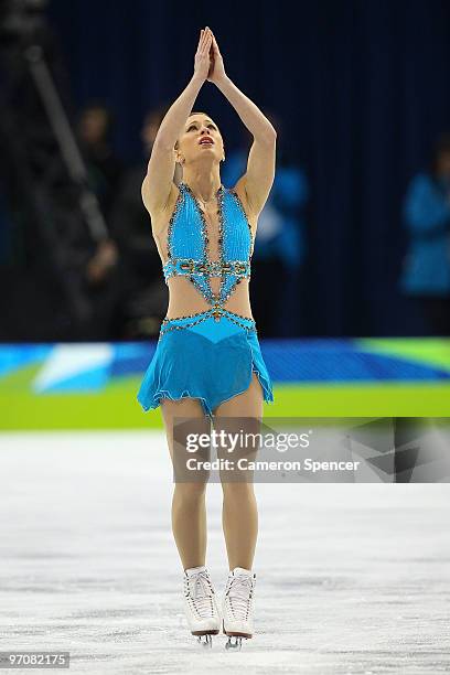 Joannie Rochette of Canada reacts in the Ladies Free Skating on day 14 of the 2010 Vancouver Winter Olympics at Pacific Coliseum on February 25, 2010...