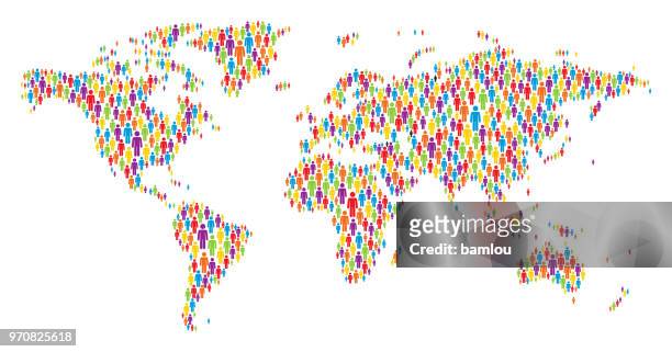 illustrazioni stock, clip art, cartoni animati e icone di tendenza di mappa del mondo fatta di figure stickman multicolori - esplosione demografica
