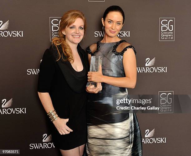 Costume Designers Guild Awards Executive Producer JL Pomeroy and winner of the Swarovski Award actress Emily Blunt backstage during the 12th Annual...