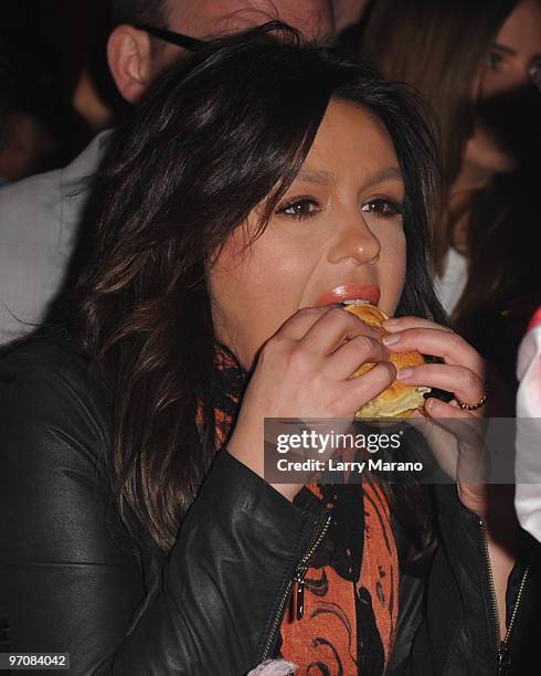 Rachael Ray eats a burger at Rachael Ray's Burger Bash Hosted by Amstel Light at Ritz Carlton South Beach on February 25, 2010 in Miami Beach,...